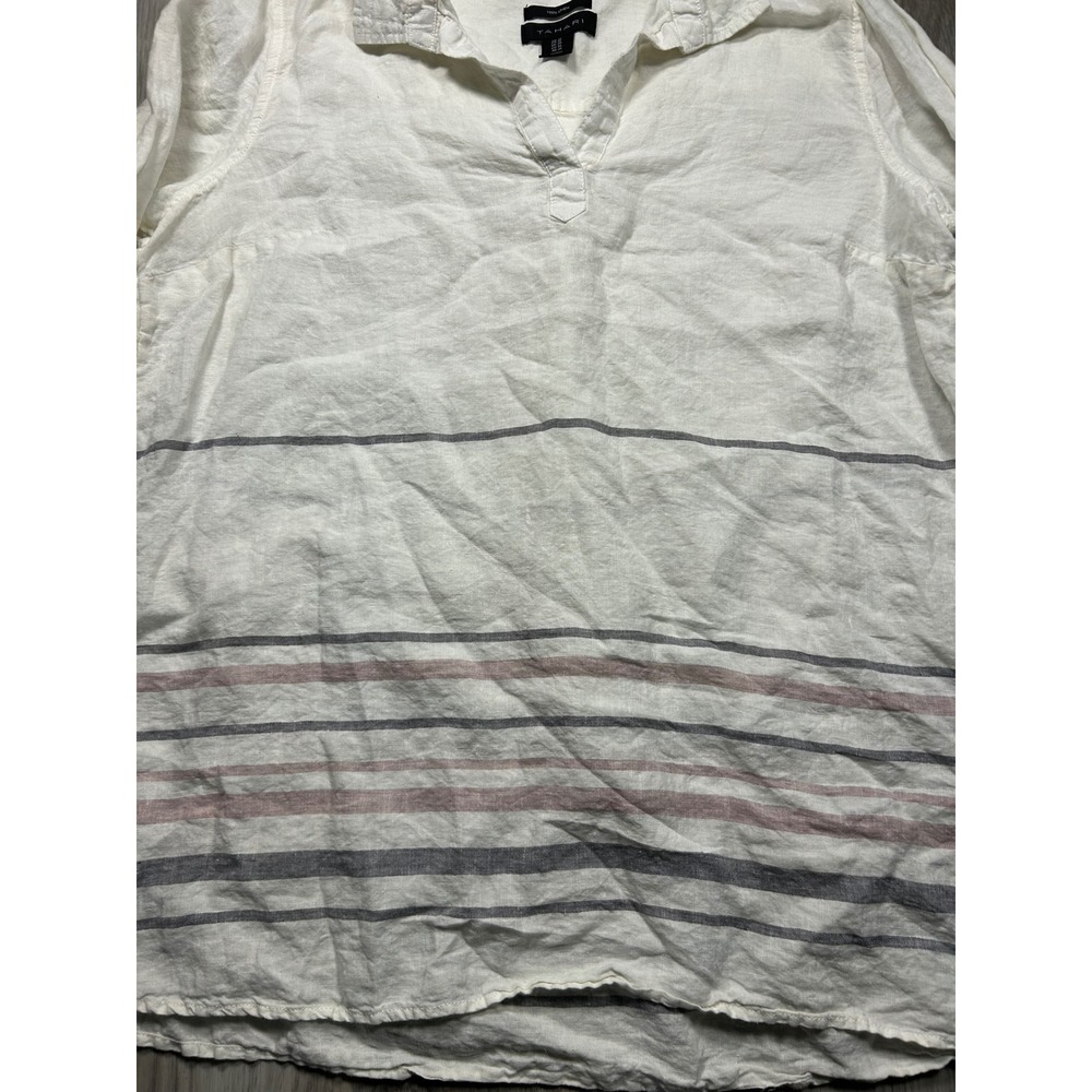 Tahari 1X Linen Stripe Collared V-Neck Roll-Tab Sleeve Shirt Top Womens tunic - Picture 4 of 7
